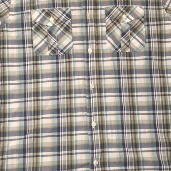 BANANA REPUBLIC MEN'S LARGE SHORT SLEEVE BUTTON DOWN BLUE GREEN PLAID SHIRT - Picture 7 of 7